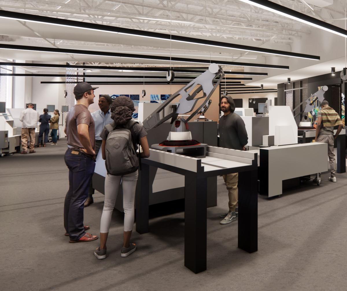 Lab setting with students working on equipment