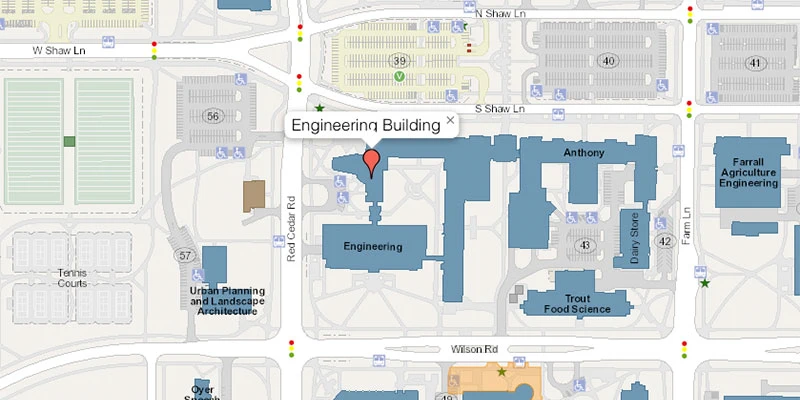 Scrren shot of the msu interactive map showing the College of Engineering. The image links to the MSU interactive map