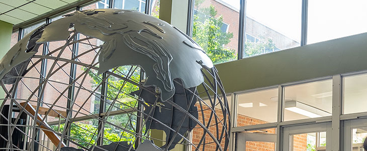 Close up of the globe in the International Center entrance