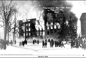 Old black and white photo of the engineering building and mechanical building destroyed by a fire