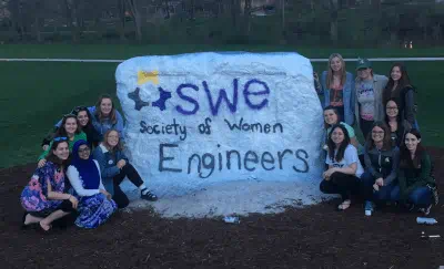 Member of the Society of Women Engineers at MSU pose near the Rock. Courtesy photo.