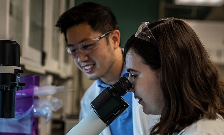 Two students in a chemical lab looking through a microscope