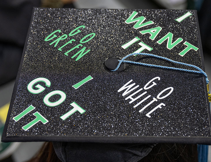 Graduate Student graduation cap that says I want it, I got it, go green, go white