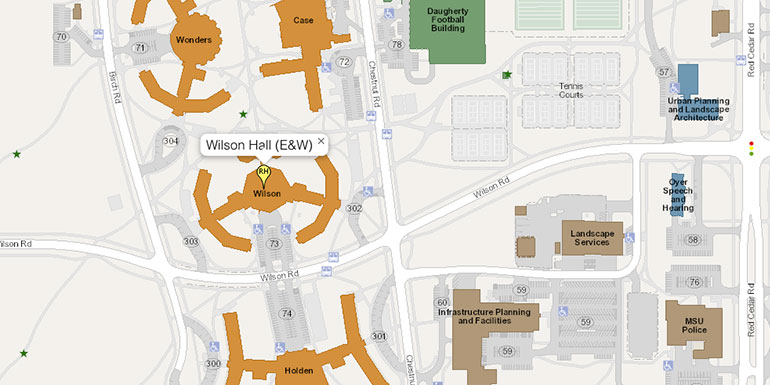 screenshot of the MSU Interactive map that is highlighting Wilson Hall, this is linked to the msu interactive map website