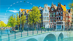 graphical image of buildings in front of a bridge, a dotted line making a circle is behind the buildings, light gradient blue is over the image