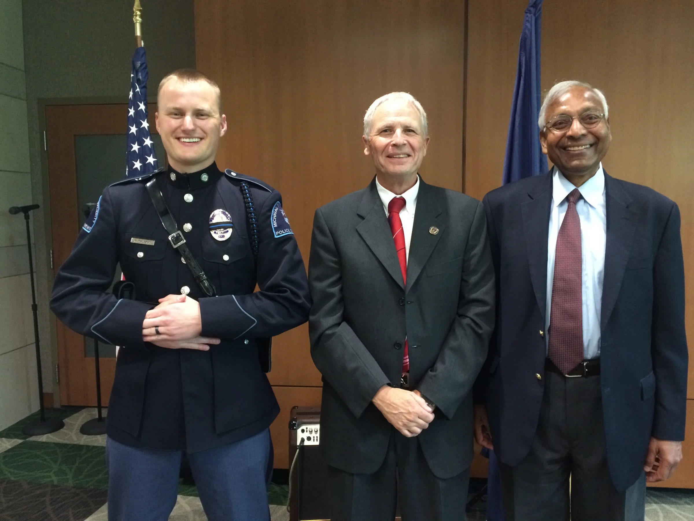MSU Police Detective Rathbun and MSU Police Chief Dunlop honored University Distinguished Professor Anil Jain for meritorious aid in protecting life.