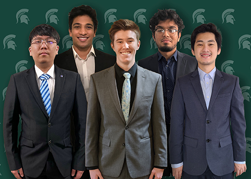 The Meijer Smart Shopper team is (from left) Jintian Chen, Vijay Vatti, Bram Kineman, Farhadul Fahim, and Ky Nguyen.