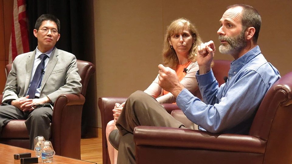 Xiaobo Tan, an MSU Foundation Professor of electrical and computer engineering, engineer Naomi Leonard and oceanographer John P. Ryan discuss the expansive potential of marine and freshwater robotics at AAAS headquarters in Washington, D.C., on June 16, 2017. Photo credit: Stephen Waldron/AAAS.