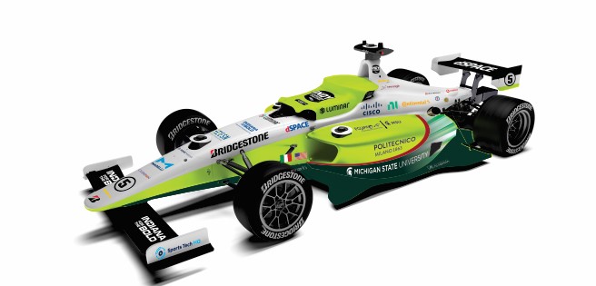 Indy car that is a lime green with varies logos on it