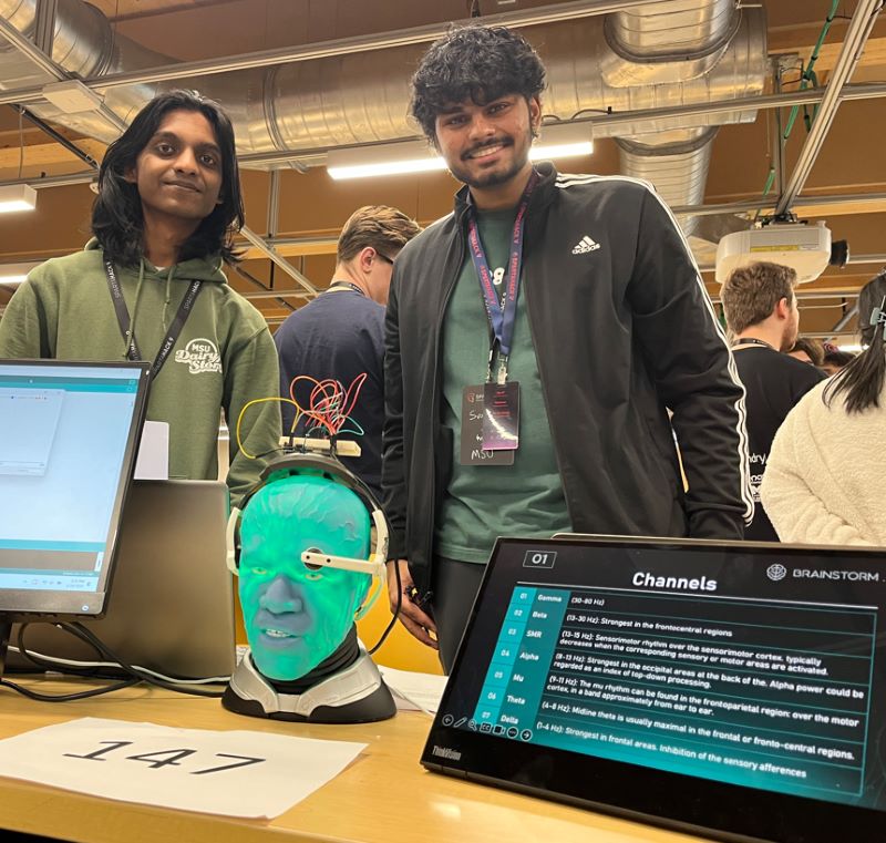  MSU students Sushil Srinatha and Cedric Emmanuel attended SpartaHack 9 and worked on a project called Brainstorm. They are looking at new ways to study brain activity and study factors like attention span and stress.     