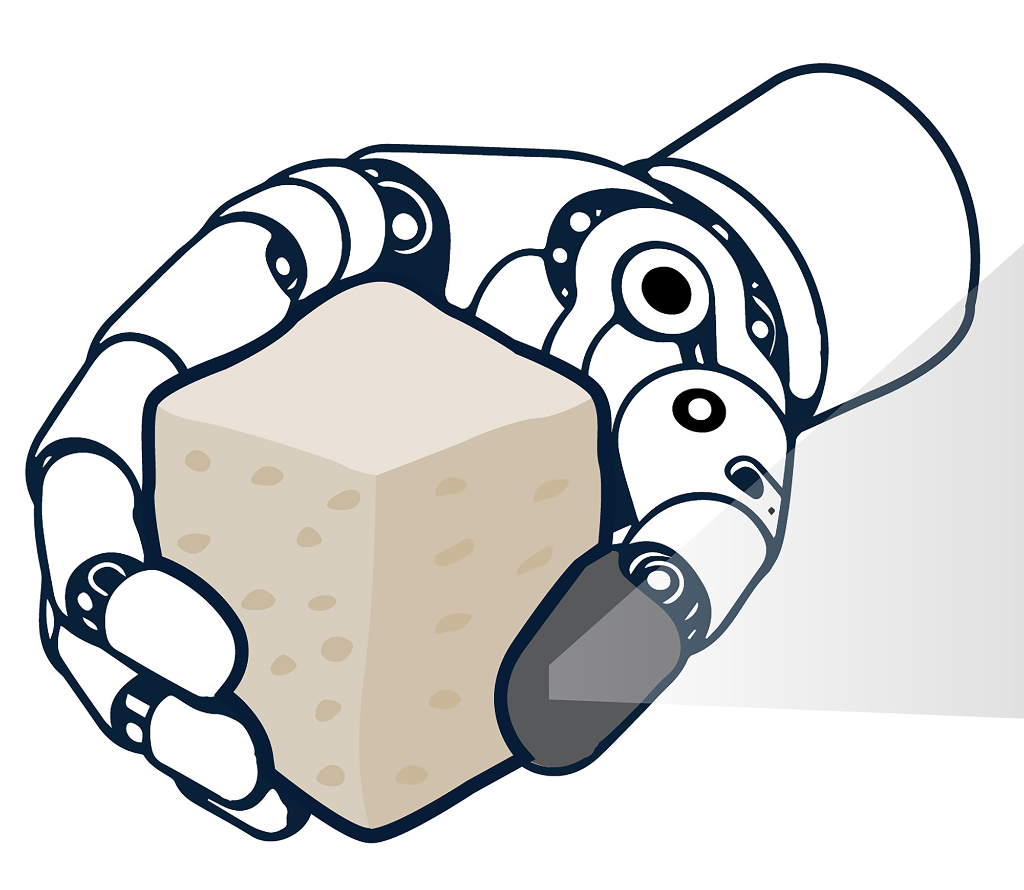 A white robot hand holding a tan color object