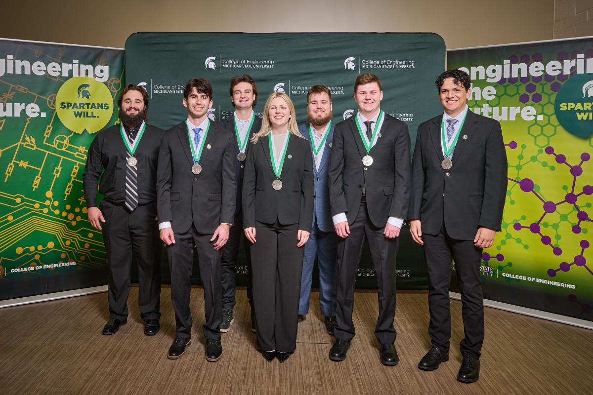Winner of the Rolla C. Carpenter Senior Design Award was Team 2: Red Cedar Engineering Group. (L to R) Reese Worden, Shane Williams, Dane Herczeg, Reegan Kelley, Daniel Gubrud, Owen Woods, Ricardo Ochoa