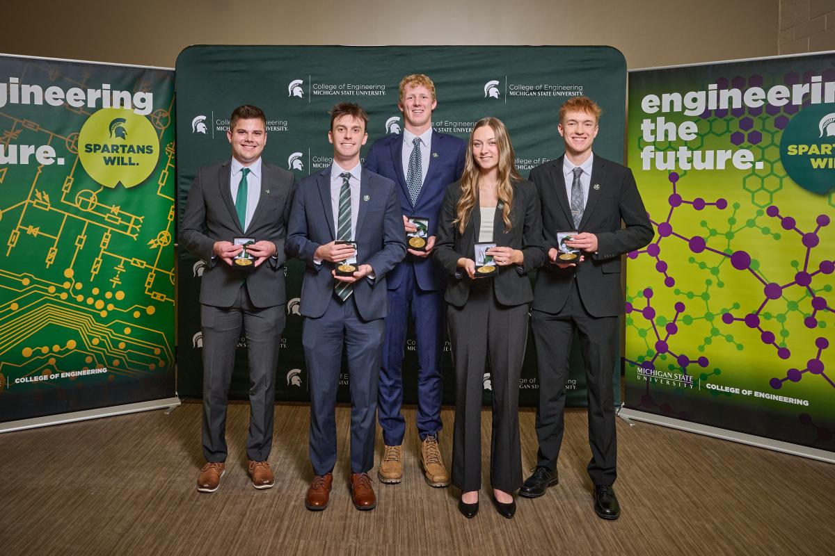 Winner of the Edison Award for Best Capstone Design Project was Design Group 11 – Michigan AgrAbility. (Left to Right) Ryan Harth, Jack Darrow, Connor Mackenzie, Hannah Crist, Kaden Swierkos