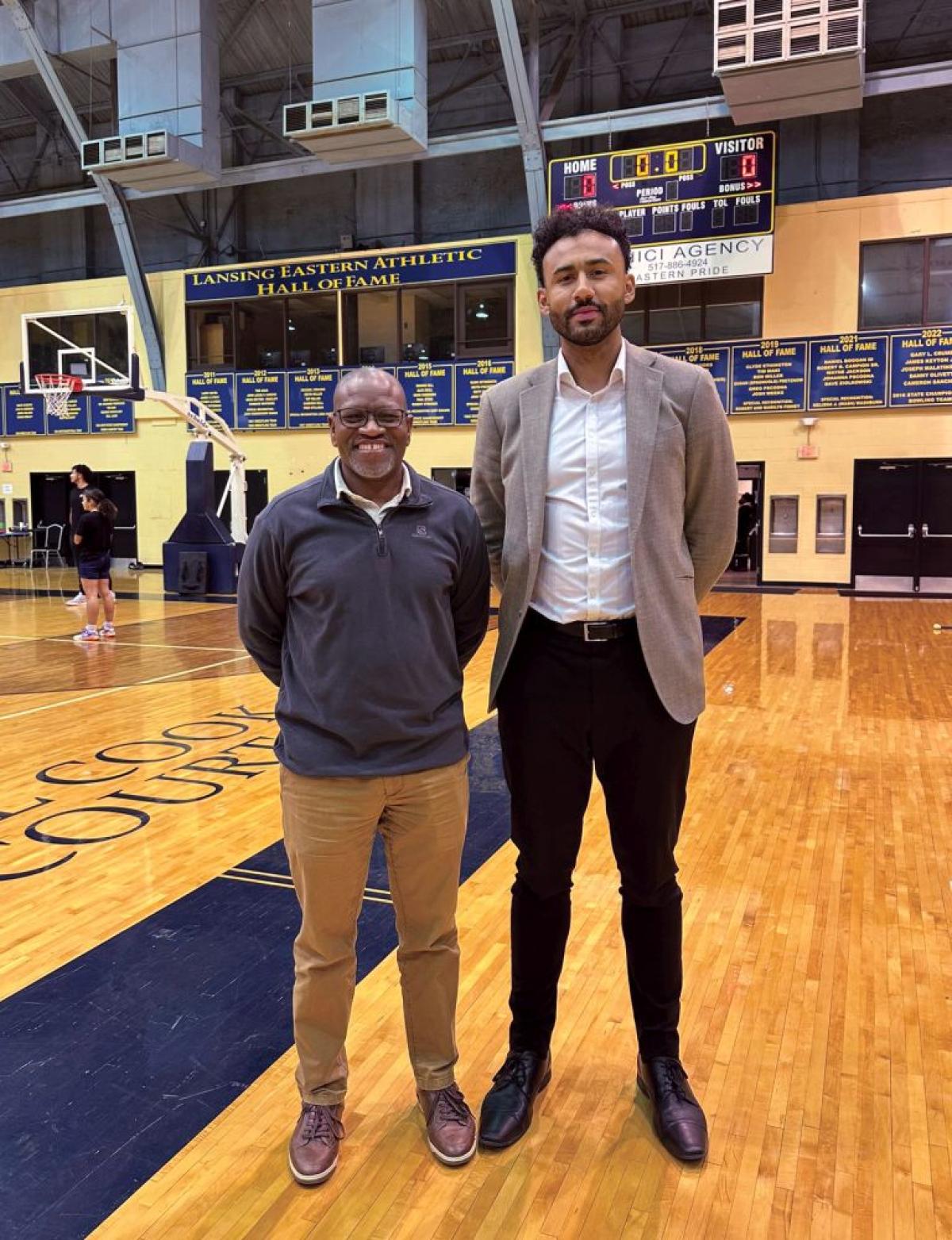 Leps Malete (left), an associate professor of kinesiology at MSU, and Jon Horford, founder of the Lansing Youth Development Program. Photo by Patricia Mish