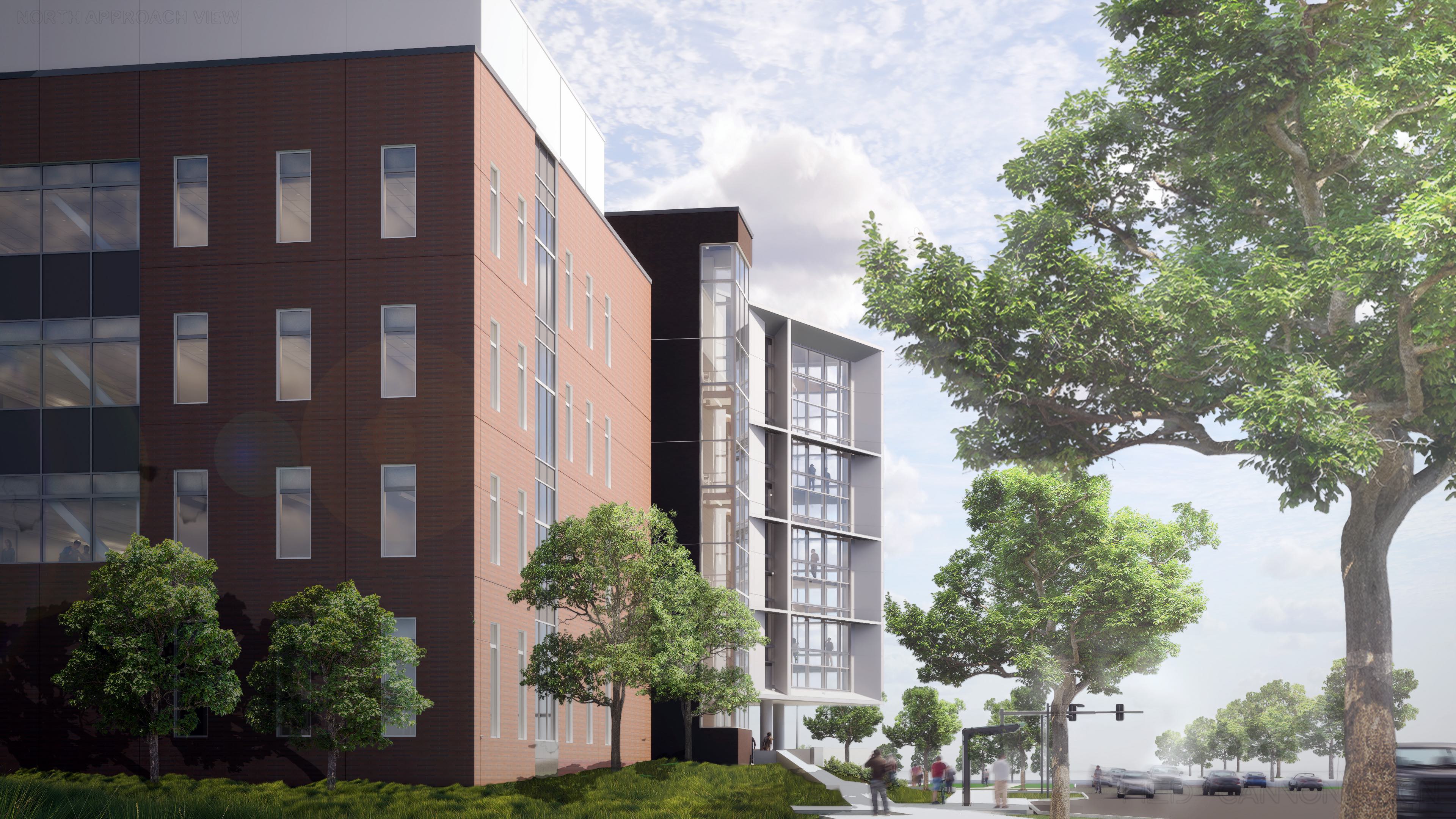 A rendering of a multi-story building with a glass facade and brick accents. Trees and a sidewalk are visible in the foreground.