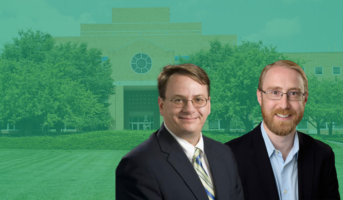 Headshots of Leo Kempel and Richard Lunt on the Engineering Building green background
