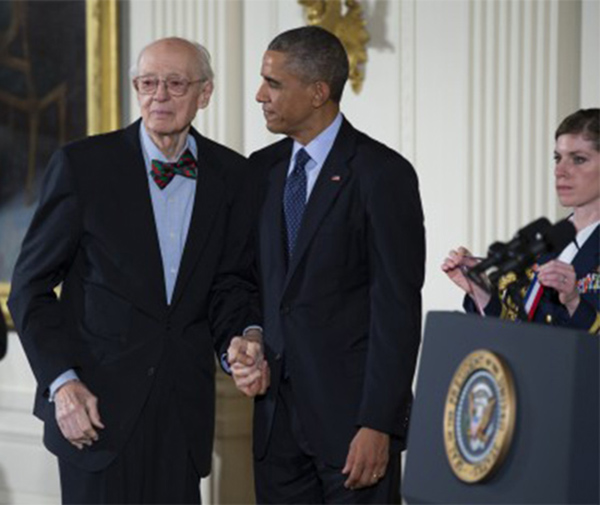 President Barak Obama presented Charles Bachman ('48, '15) with the National Medal of Technology and Innovation during a festive ceremony at the White House in 2014. Photo courtesy of the Washington Post.
