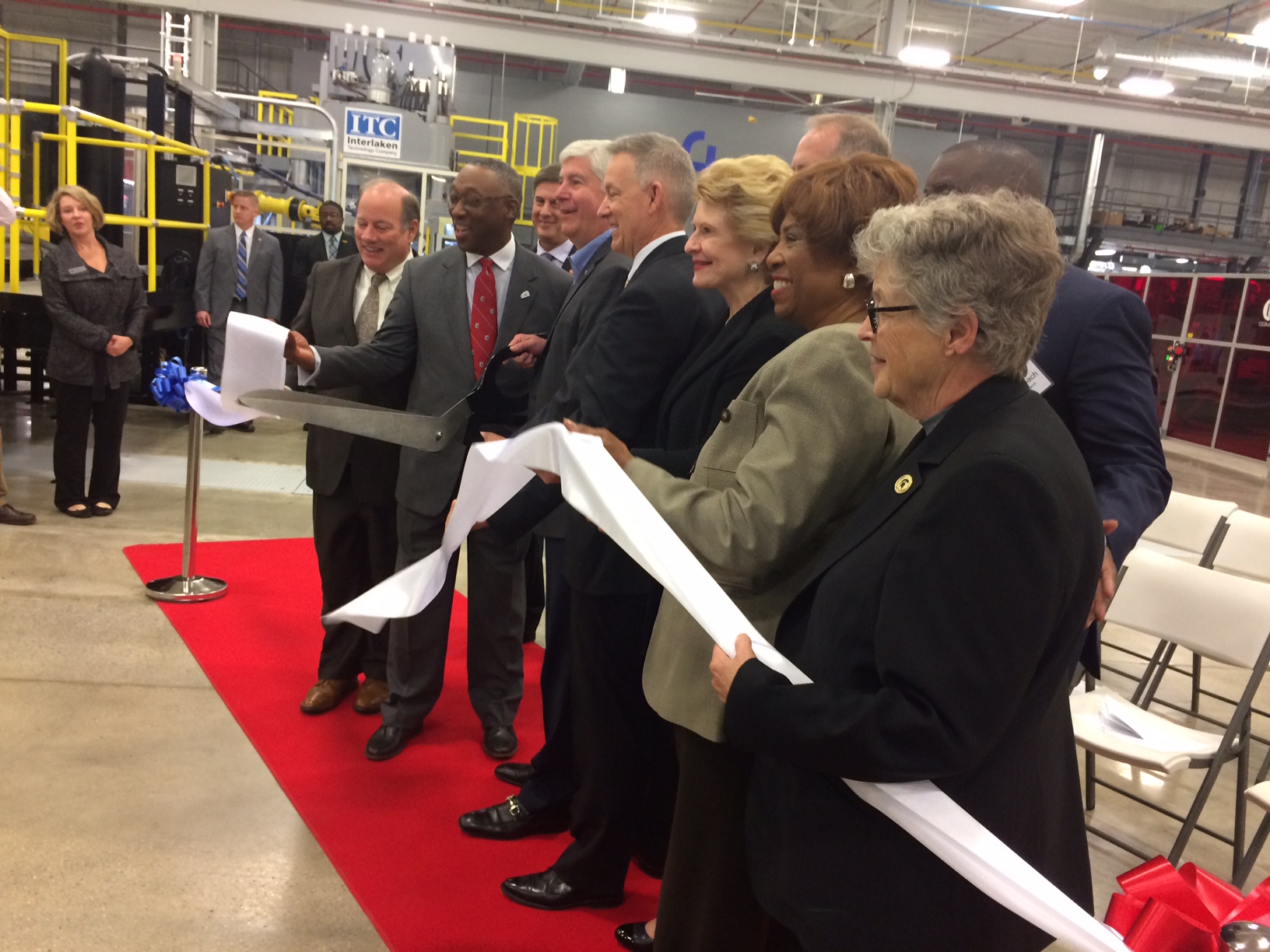 MSU President Lou Anna K. Simon (right) was among the keynote speakers at the IACMI and LIFT lightweighting facility grand opening in Detroit's Corktown.