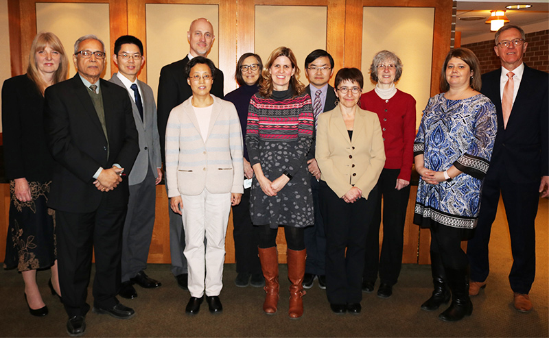 Eleven members of the college received top honors March 15 at the 2018 Engineering Awards Luncheon. (Back, l to r) Patte Hahn, Xiaobo Tan, Bradley Marks, Laura Dillon, Xiaoming Liu, Susan Masten, Amanda Idema and emcee Tom Voice; (front) Ajit Srivasatava, Tongtong Li, Tamara Reid Bush, and Maddalena Fanelli.