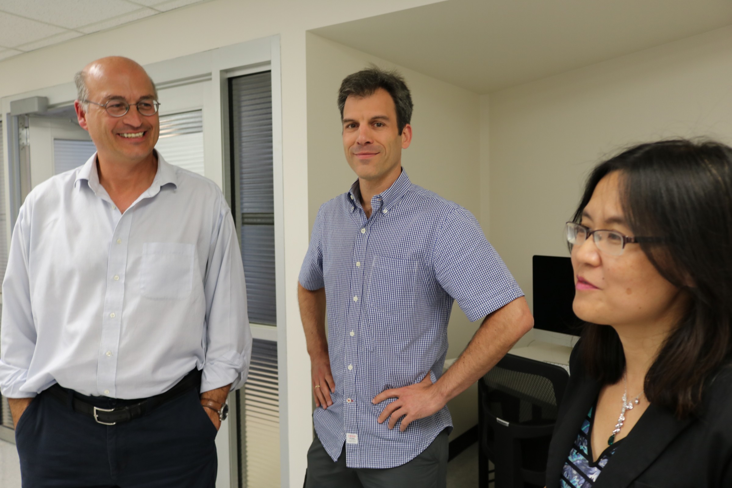 CHEMS department chair Donald Morelli joined in the celebration of the new Materials Simulation Lab with associate professors Yue Qi and Philip Eisenlohr, who established the original lab in 2013.