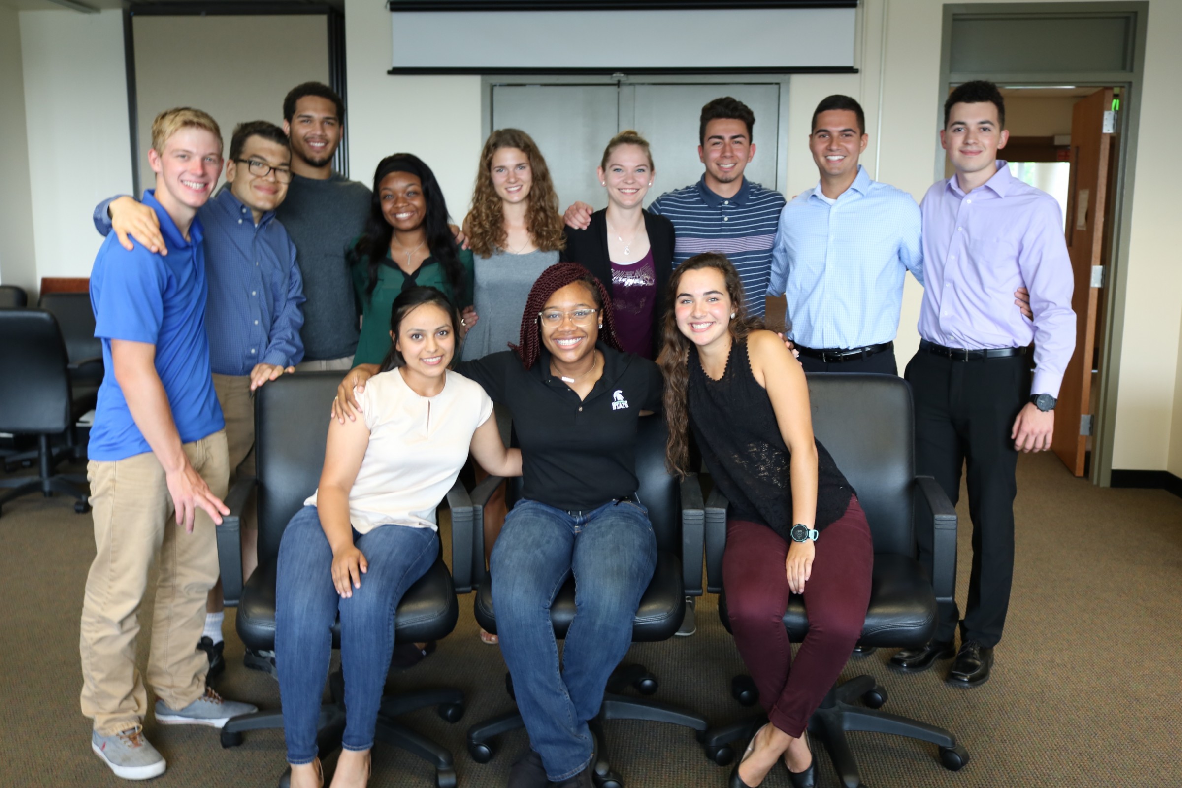 Many of this year's SEE Scholars gathered Aug. 28 at a reception in the Engineering Building. Pictured are (front, left to right) Dayana Villagran, Zahji Billingslea, and Melissa Joslyn and (back) Quentin Wade, Nicholas DiTommaso, Kobie Davis, Ryanne Shaw, Jenna Magness, Alicia Ziegler, Sergio Sanchez, Evan Hanes, and Jordan Bommarito.
