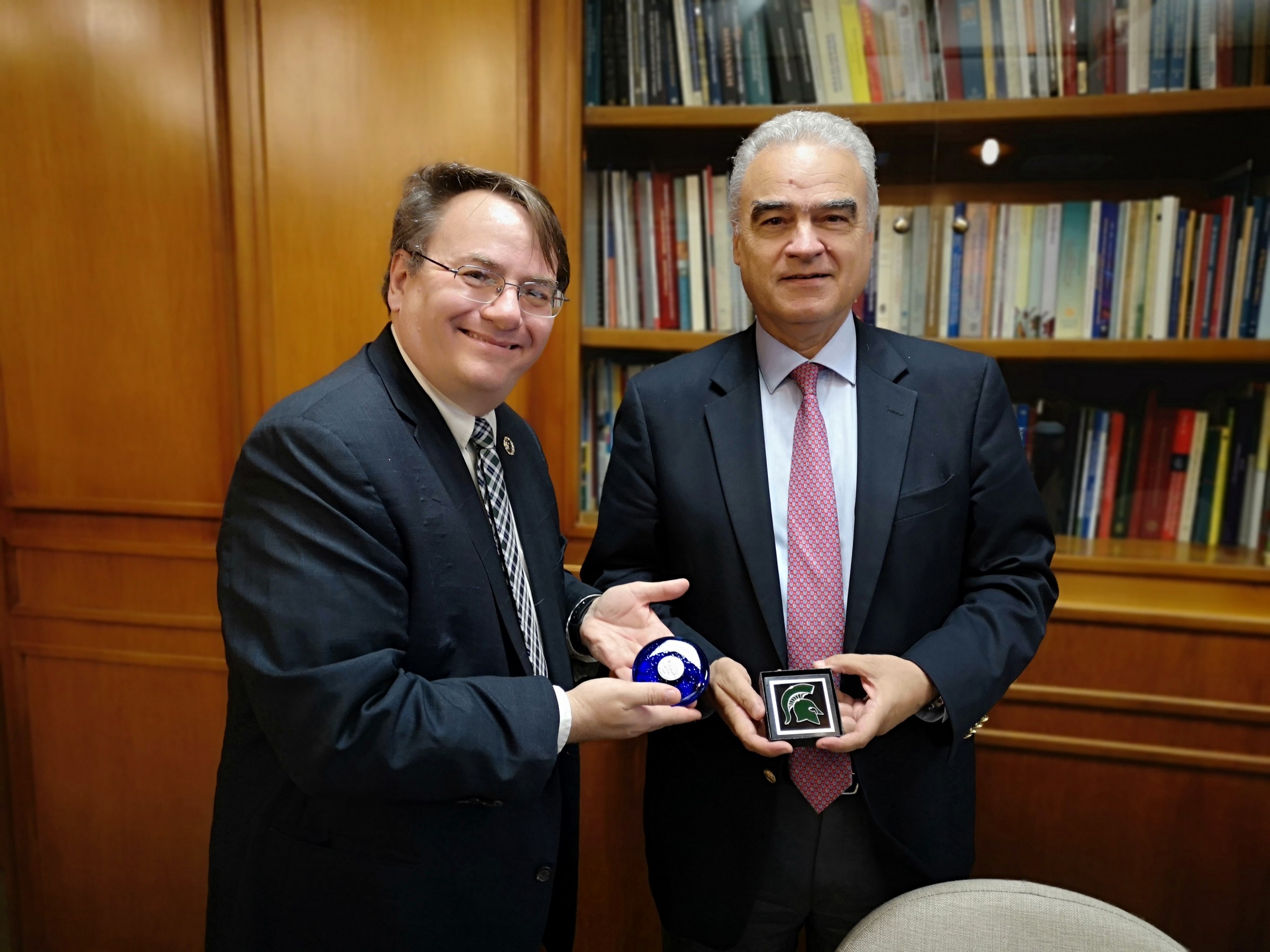MSU Engineering Dean Leo Kempel and NTUA Rector John Golias celebrate the dual PhD agreement between the two academic institutions.