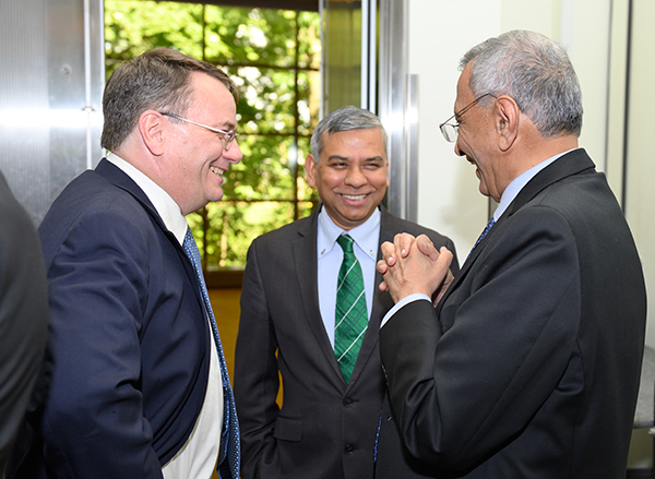 "As soon as Satish arrived at MSU, the faculty noticed that his optimism was contagious," Dean Leo Kempel (left) said of Satish Upda (right), with Koenig Endowed Professor Kalyanmoy Deb.