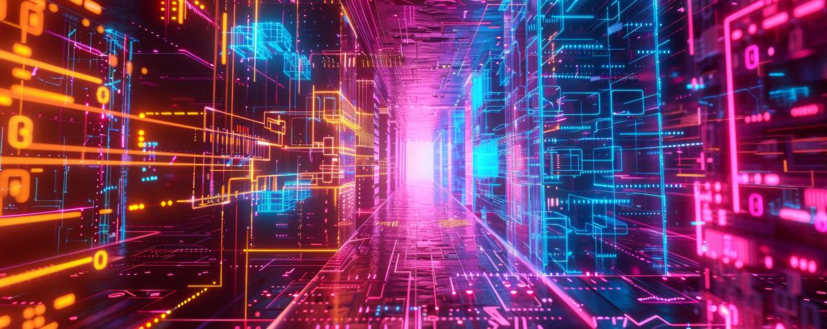 Abstract digital corridor with glowing circuit lines, geometric patterns and binary-style symbols in orange, blue and pink illustrate the quantum advantage boundary