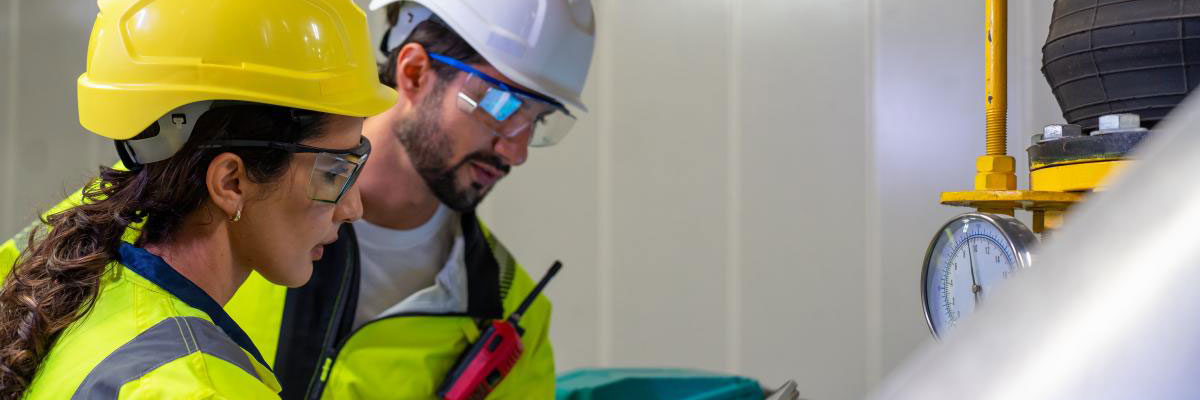 Two workers wearing hard hats and safety glasses inspect equipment and record information near an industrial pressure gauge.