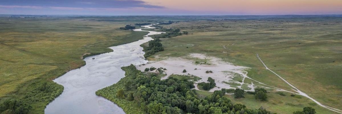 Aerial view of meandering river