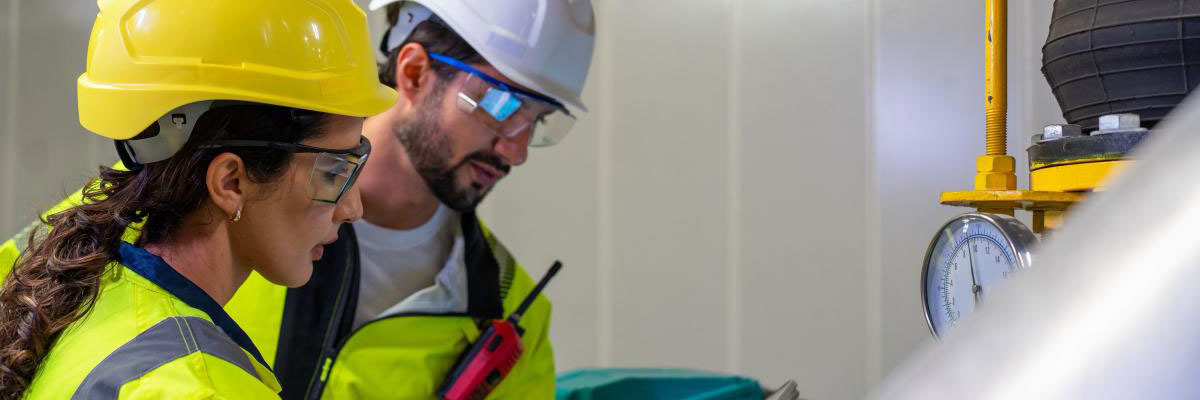 Two workers wearing hard hats and safety glasses inspect equipment and record information near an industrial pressure gauge.