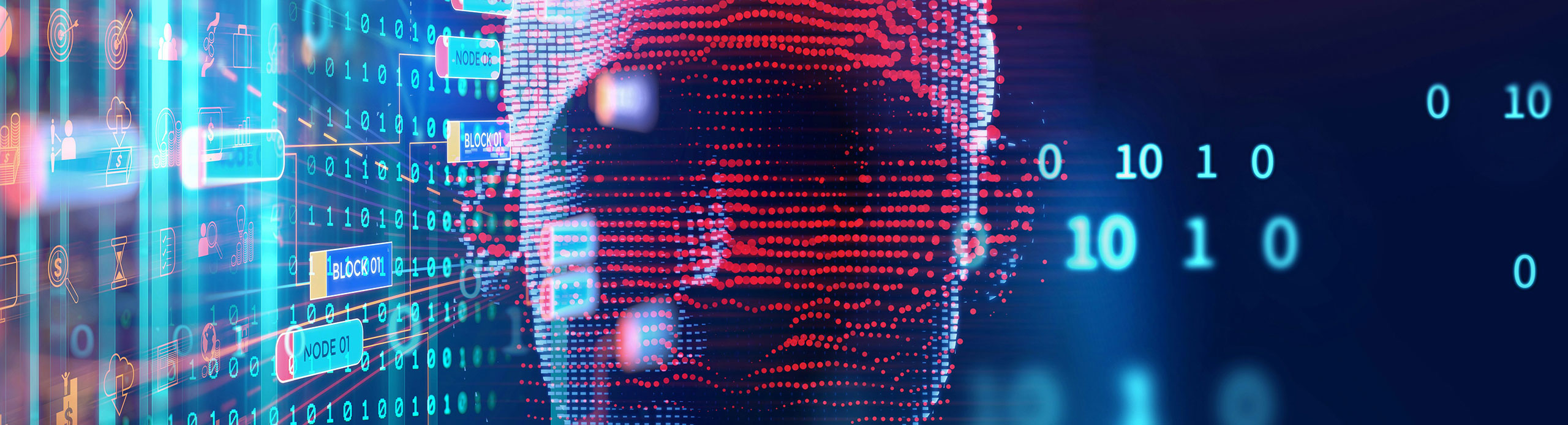 Animated face with binary numbers surrounding it