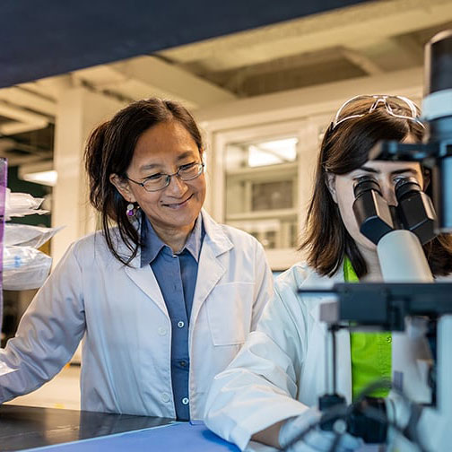 Christina Chan and a graduate student examining a sample under a microscope