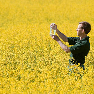 Person in a field holding a bottle