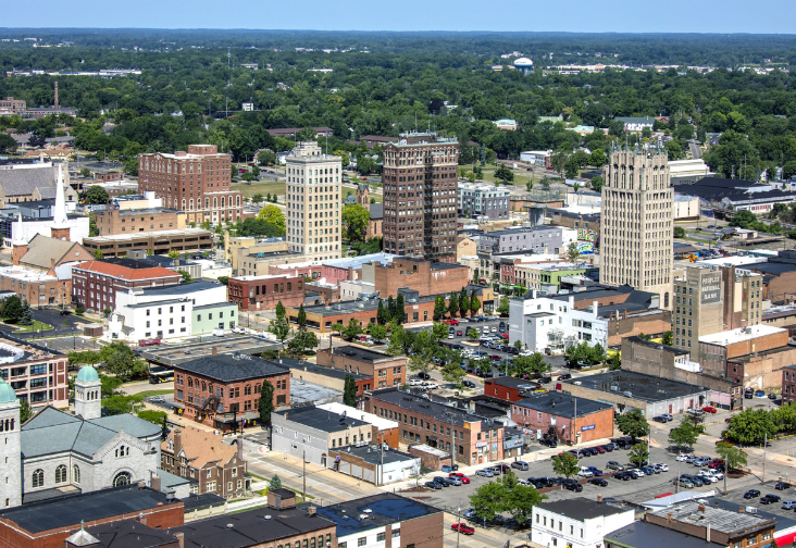 Aerial view of downtown Jackson, Michigan.