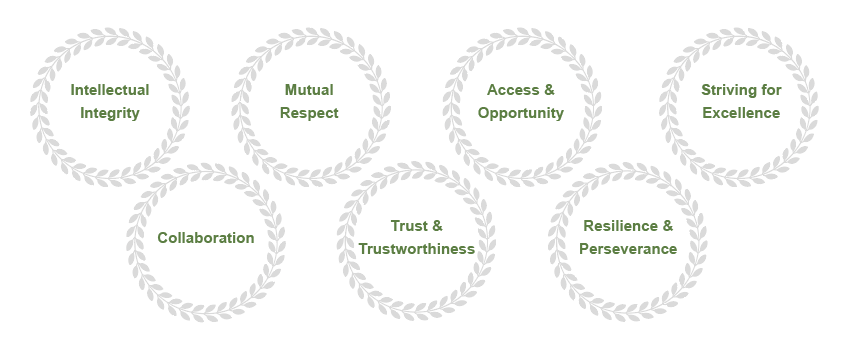 The 7 core values: Intellectual Integrity, Mutual Respect, Access & Opportunity, Striving for Excellence, Collaboration, Trust & Trustworthiness, Resilience & Perseverance