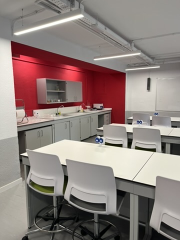 Desks and chairs in a classroom