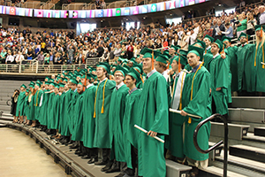 MSU Engineering Graduating students standing during a commencement ceremony