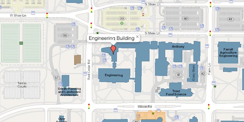 Map of the College of Engineering. The image links to the MSU Interactive map