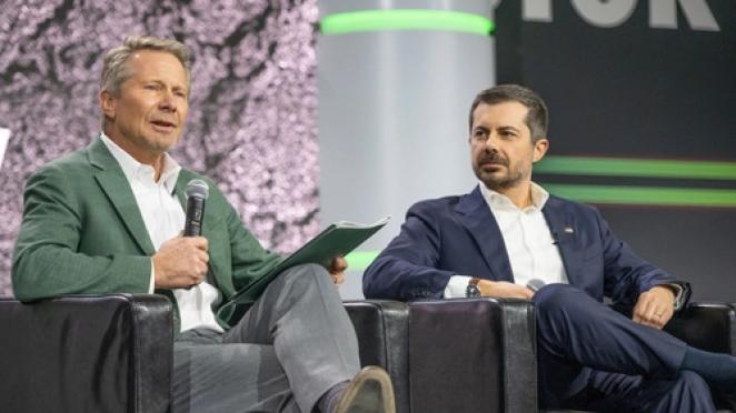 MSU president drives the start of Detroit Auto Show with Pete Buttigieg